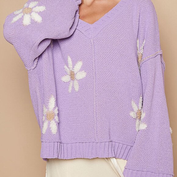 Just In! Pol Lilac Sweater with Cream Flowers NWT Sz S-L - Picture 3 of 6